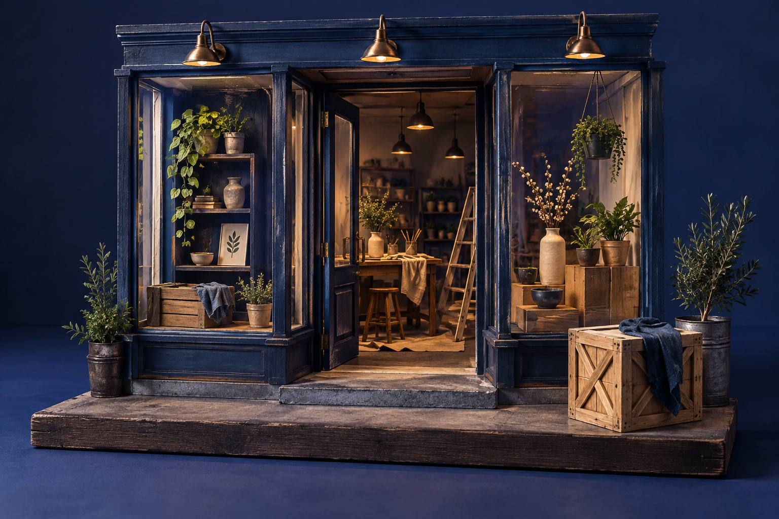 Illustration of local small-business storefront: a display niche, a delivery crate, a welcoming doorway